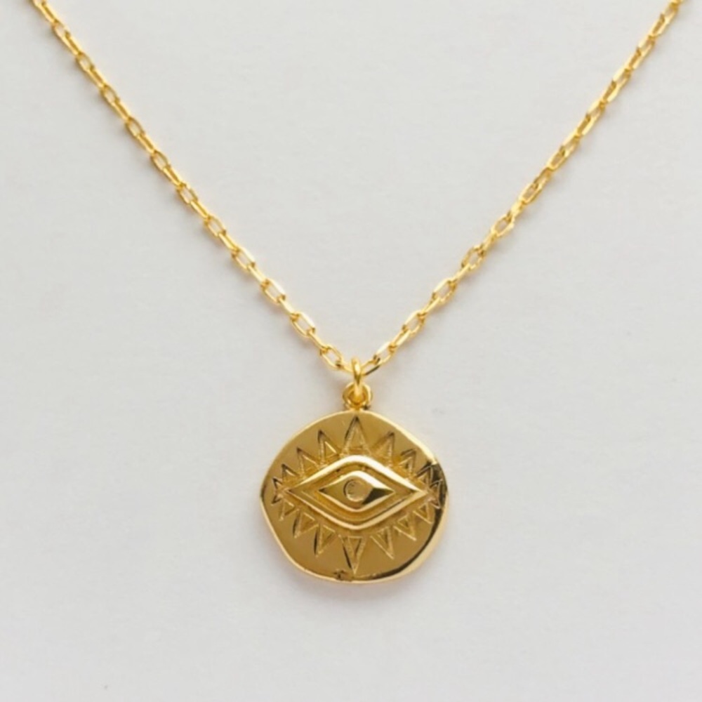 Evil Eye Round Round Coin Pendant Gold Necklace